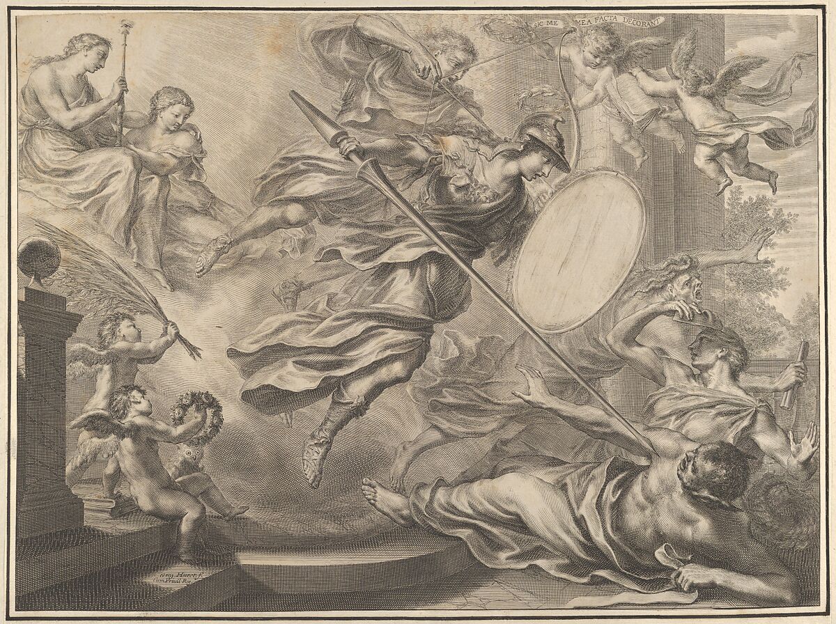 Minerva armed with a shield and lance attacking three nearly prone figures, Grégoire Huret (French, Lyon 1606–1670 Paris), Engraving 
