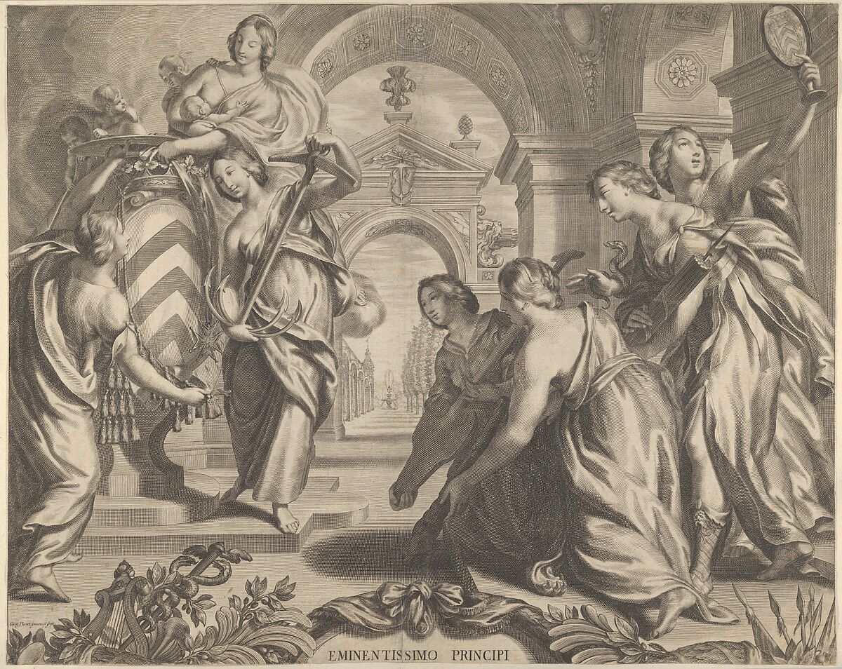 Allegorial Composition with the Coat of Arms of Cardinal Richelieu and Charity, Grégoire Huret (French, Lyon 1606–1670 Paris), Engraving; second state of two (Le Blanc) 