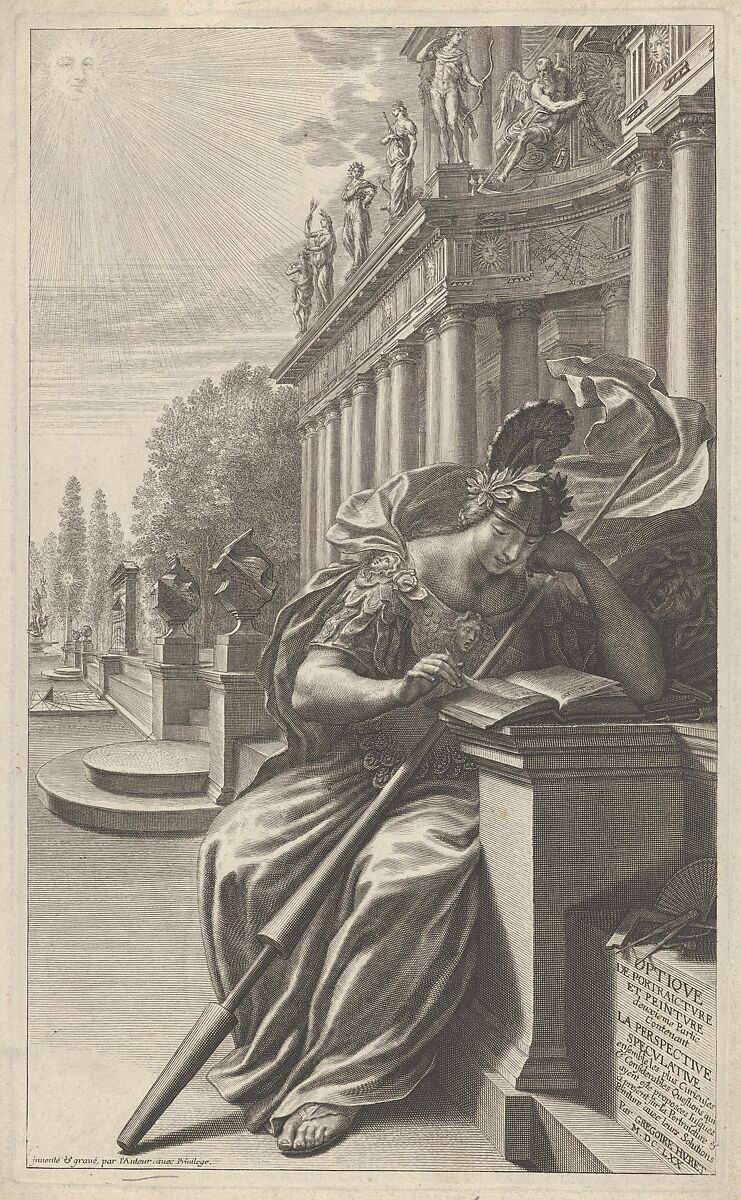 Title of the secont part of Optique de Portraiture et peinture [...]: "La Déesee des Arts lisant avec attention le traité d'optiqe de Grégoire Huret [...], Grégoire Huret (French, Lyon 1606–1670 Paris), Engraving 