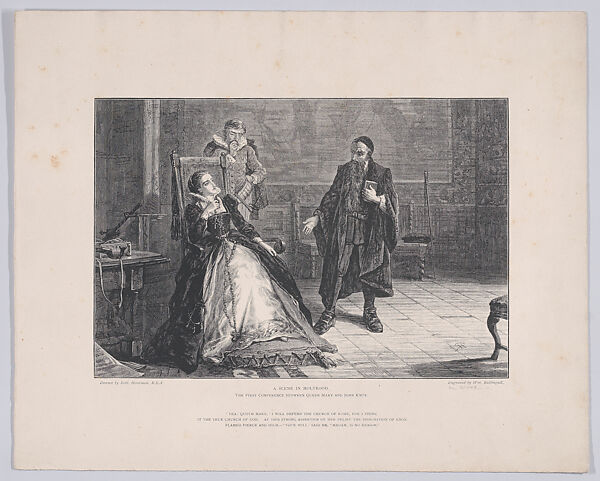 Scene in Holyrood Palace, with the first conference between Mary, Queen of Scots and John Knox, William Ballingall (British, Largo, Fifeshire, Scotland 1840–1919 Edinburgh), Wood engraving 