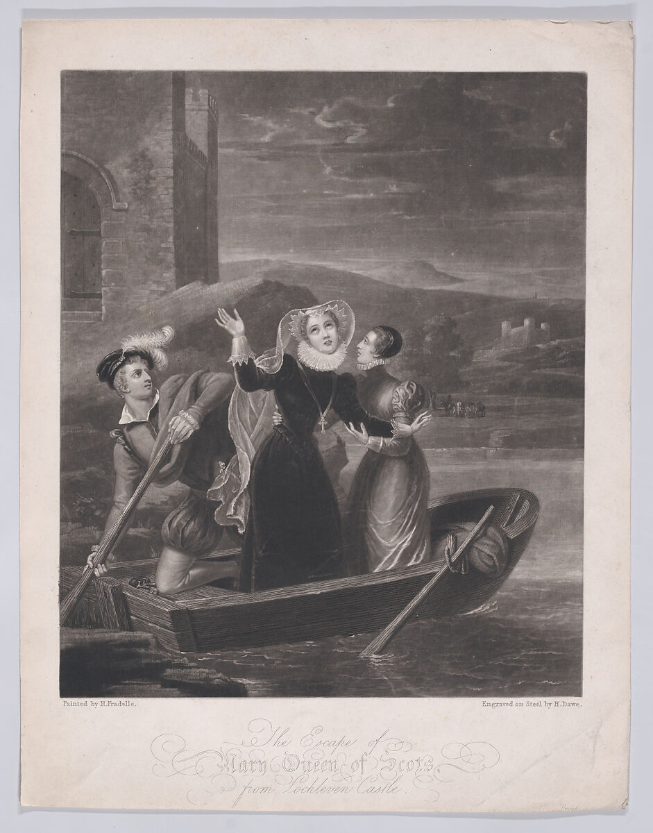 The escape of Mary, Queen of Scots from Loch Leven Castle, Henry Edward Dawe (British, London 1790–1848 Windsor), Mezzotint and etching on steel 