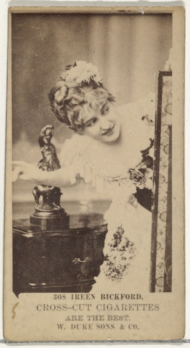 Card Number 308, Ireen Bickford, from the Actors and Actresses series (N145-3) issued by Duke Sons & Co. to promote Cross Cut Cigarettes, Issued by W. Duke, Sons &amp; Co. (New York and Durham, N.C.), Albumen photograph 