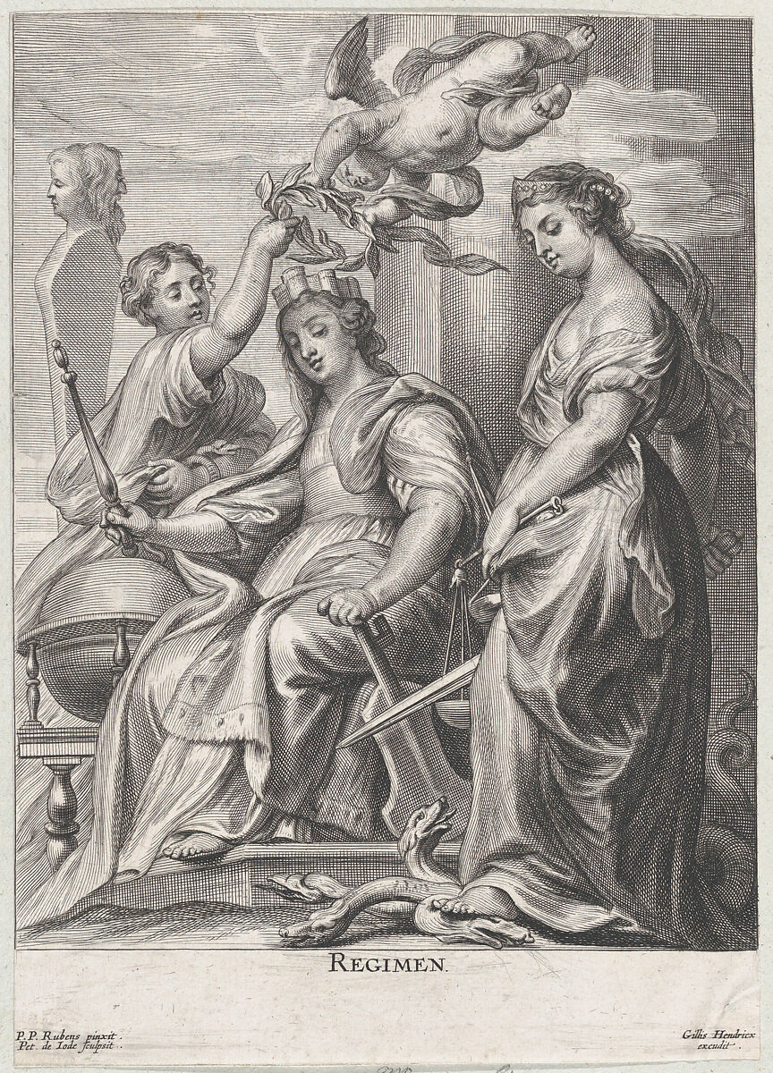 Allegory of Good Government, seated at center and being crowned by a putto and a woman at left, Justice standing atop a hydra at right, Pieter de Jode II (Flemish, 1606–ca. 1674), Engraving 