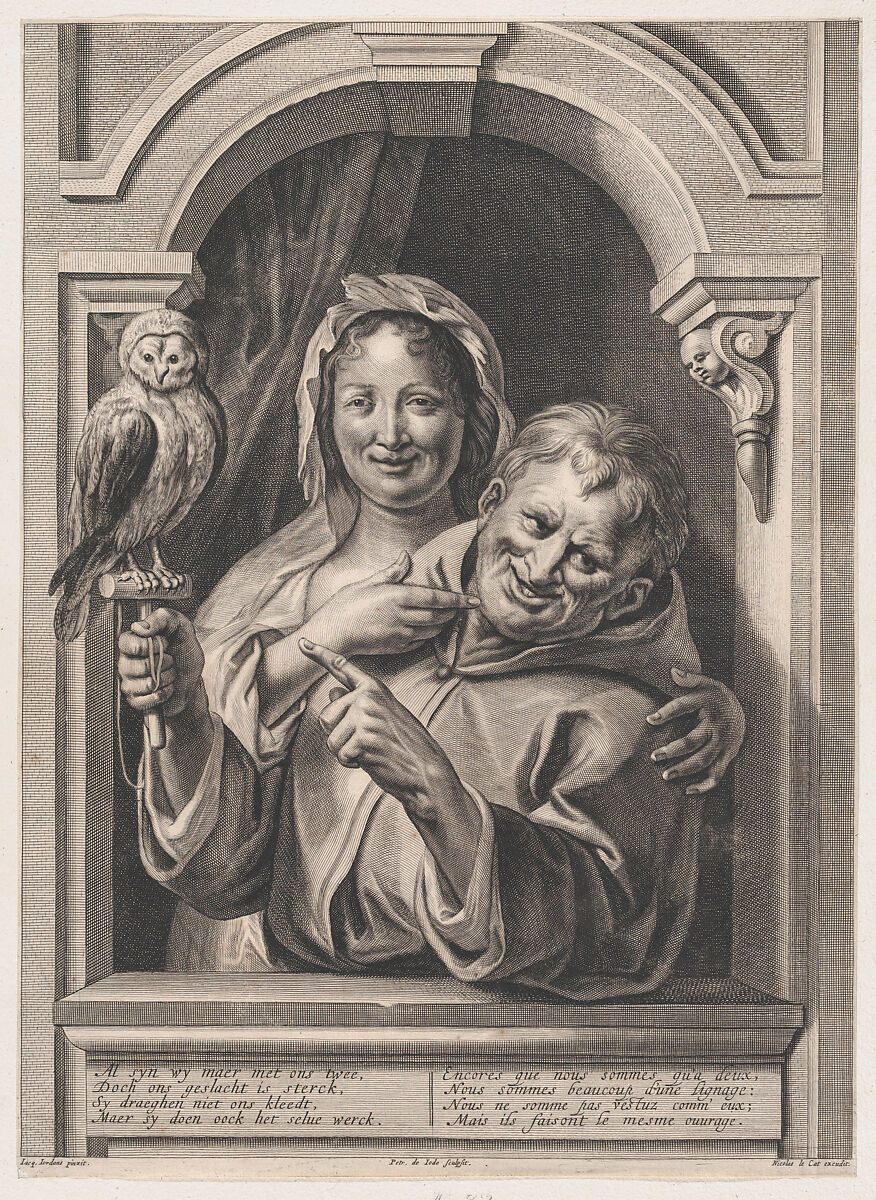 A Fool with an Owl and a Woman at a Window, Pieter de Jode II (Flemish, 1606–ca. 1674), Engraving 