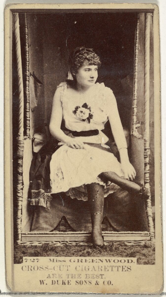 Card Number 727, Miss Greenwood, from the Actors and Actresses series (N145-3) issued by Duke Sons & Co. to promote Cross Cut Cigarettes, Issued by W. Duke, Sons &amp; Co. (New York and Durham, N.C.), Albumen photograph 
