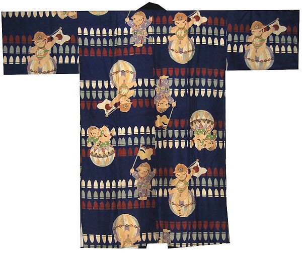 Boy’s Kimono with Lucky Thread Balls (Temari) and Bullets, Printed plain-weave rayon and silk, Japan
