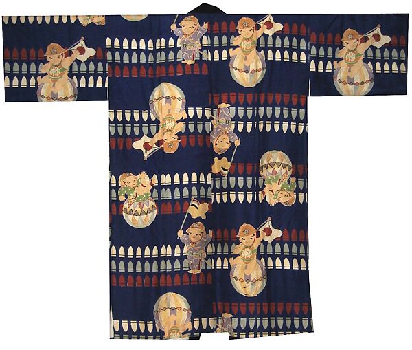 Boy’s Kimono with Lucky Thread Balls (Temari) and Bullets, Printed plain-weave rayon and silk, Japan 