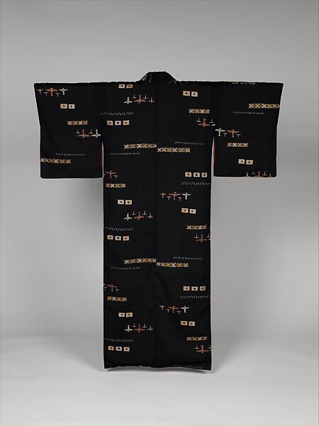 Woman’s Kimono with Warplanes and Flags of Japan, Silk (kasuri) with gold thread, Japan