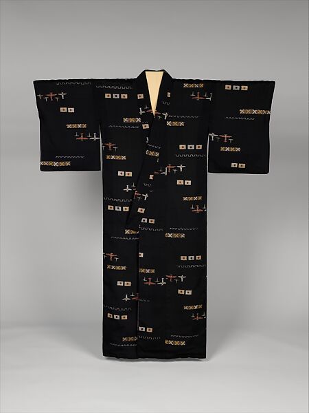 Woman’s Kimono with Warplanes and Flags of Japan, Silk (kasuri) with gold thread, Japan