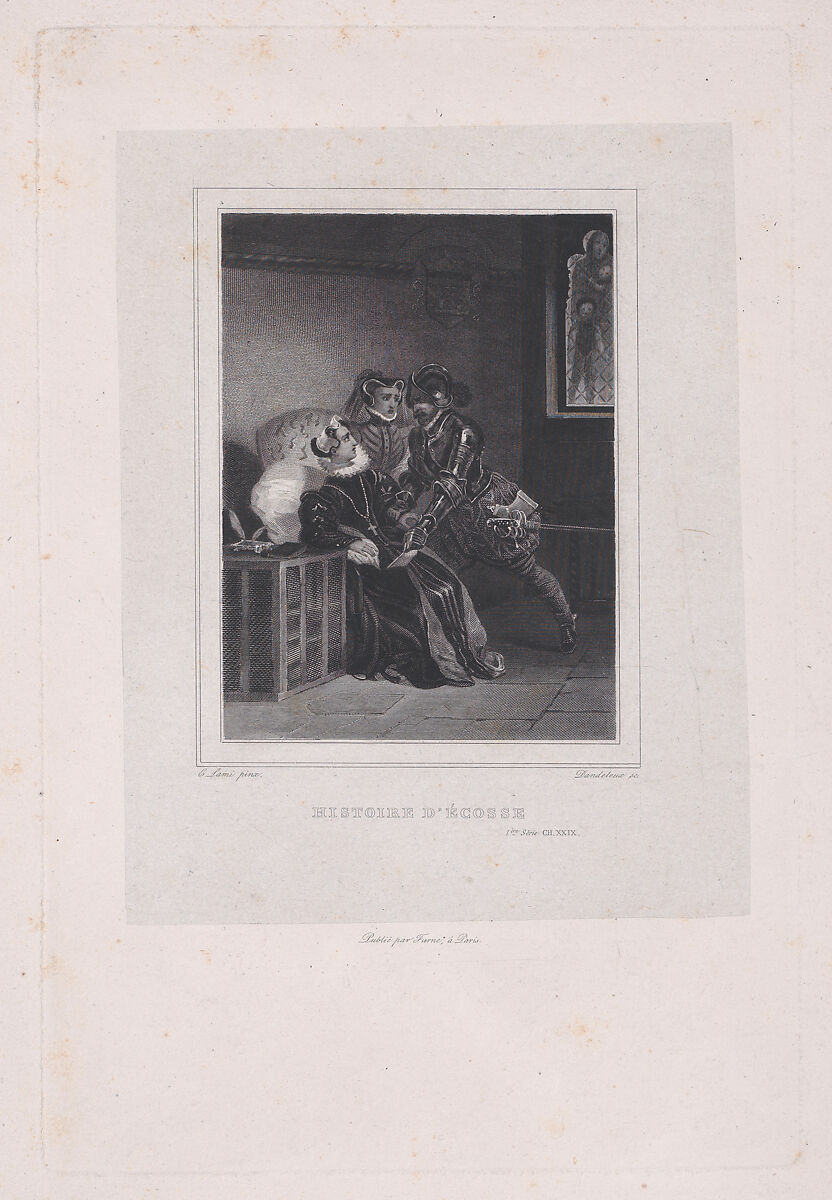 Mary, Queen of Scots being urged by Sir Robert Melville to abdicate (from "Oeuvres de Walter Scott: Histoire d'Écosse," series one, volume 26, chapter 29), Pierre-Léonard Dandeleux (French, Troyes 1783–1850 Troyes), Etching on chine collé 