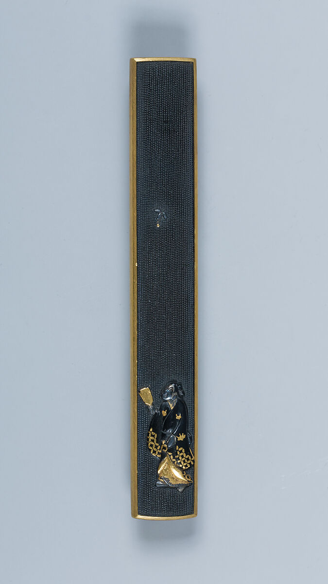 Set of Knife Handles (Kozuka) with Emblems of the Five Seasonal Festivals, 45.24.16, .18, and .19 inscribed by Gotō Kenjō (Japanese, 1586–1663, seventh-generation Gotō master), Copper-gold alloy (shakudō), gold, silver, copper, Japanese 