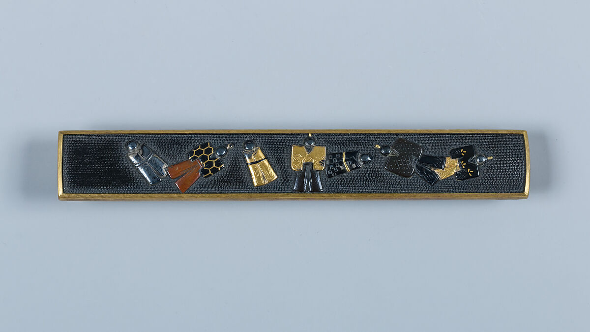 Set of Knife Handles (Kozuka) with Emblems of the Five Seasonal Festivals, 45.24.16, .18, and .19 inscribed by Gotō Kenjō (Japanese, 1586–1663, seventh-generation Gotō master), Copper-gold alloy (shakudō), gold, silver, copper, Japanese