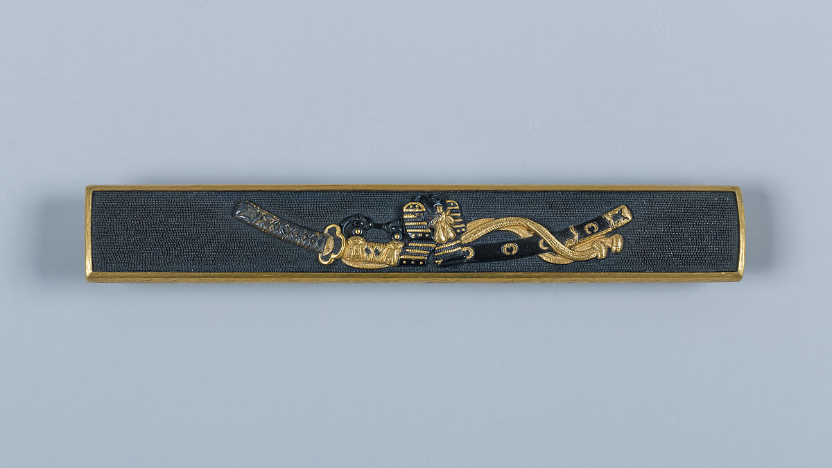 Set of Knife Handles (Kozuka) with Emblems of the Five Seasonal Festivals, 45.24.16, .18, and .19 inscribed by Gotō Kenjō (Japanese, 1586–1663, seventh-generation Gotō master), Copper-gold alloy (shakudō), gold, silver, copper, Japanese