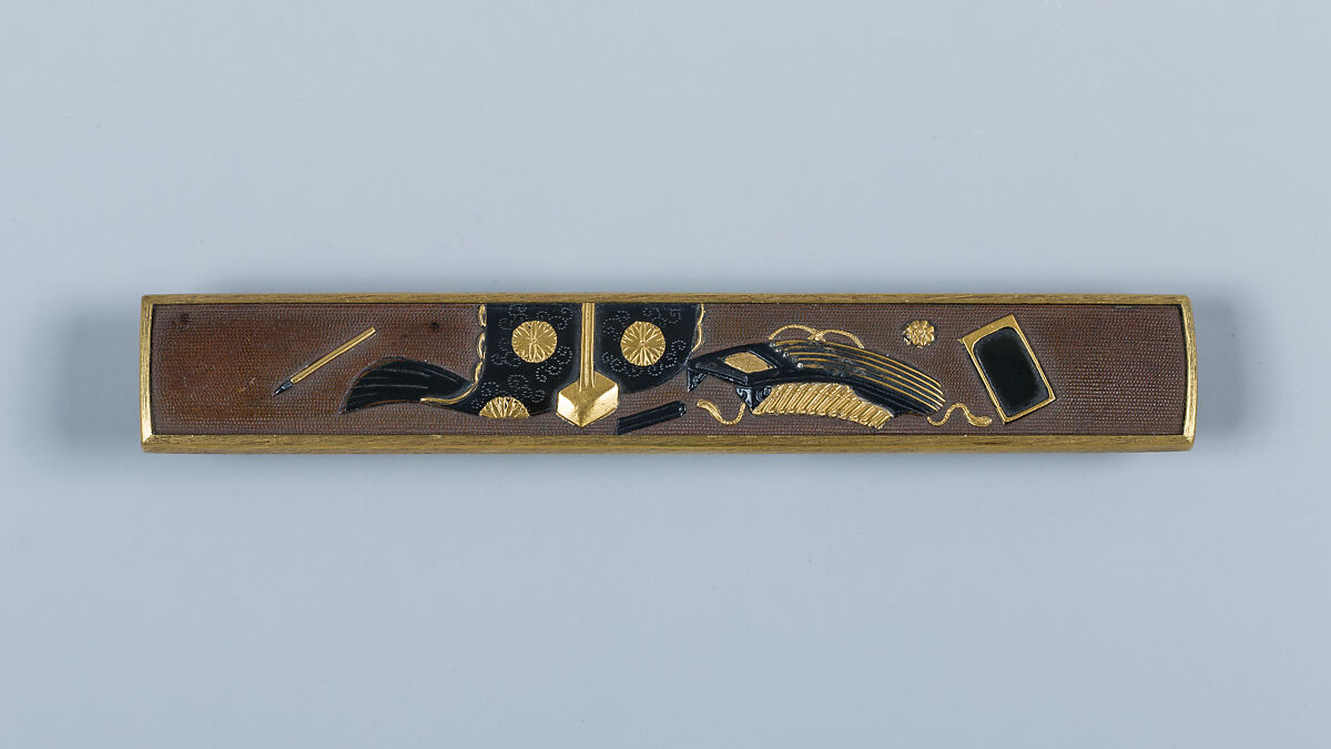 Set of Knife Handles (Kozuka) with Emblems of the Five Seasonal Festivals, 45.24.16, .18, and .19 inscribed by Gotō Kenjō (Japanese, 1586–1663, seventh-generation Gotō master), Copper-gold alloy (shakudō), gold, silver, copper, Japanese