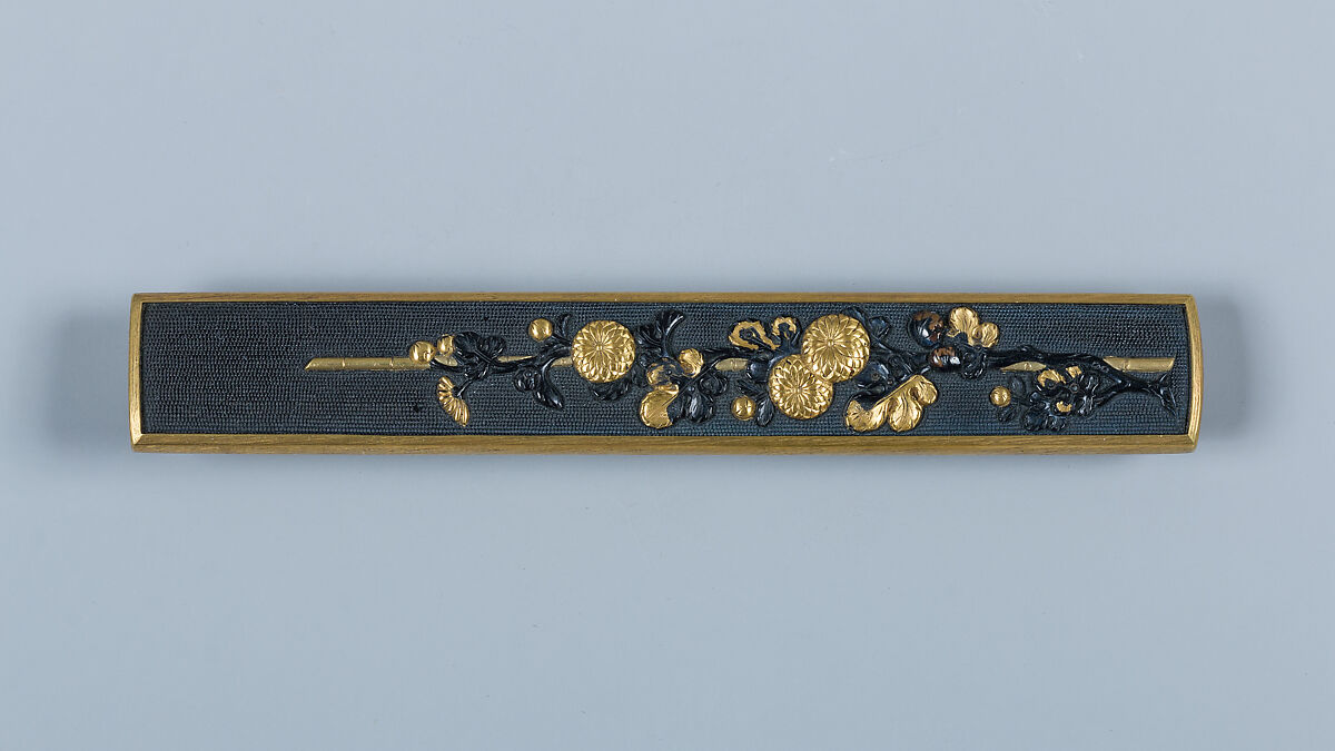 Set of Knife Handles (Kozuka) with Emblems of the Five Seasonal Festivals, 45.24.16, .18, and .19 inscribed by Gotō Kenjō (Japanese, 1586–1663, seventh-generation Gotō master), Copper-gold alloy (shakudō), gold, silver, copper, Japanese
