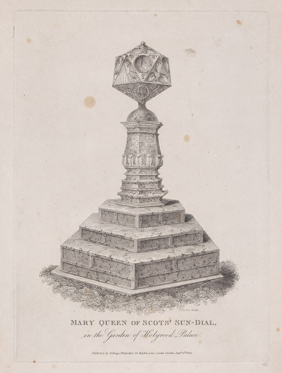 Mary, Queen of Scots's Sundial, in the garden of Holyrood Palace, T. Levens (British, active London, early 19th century), Etching 