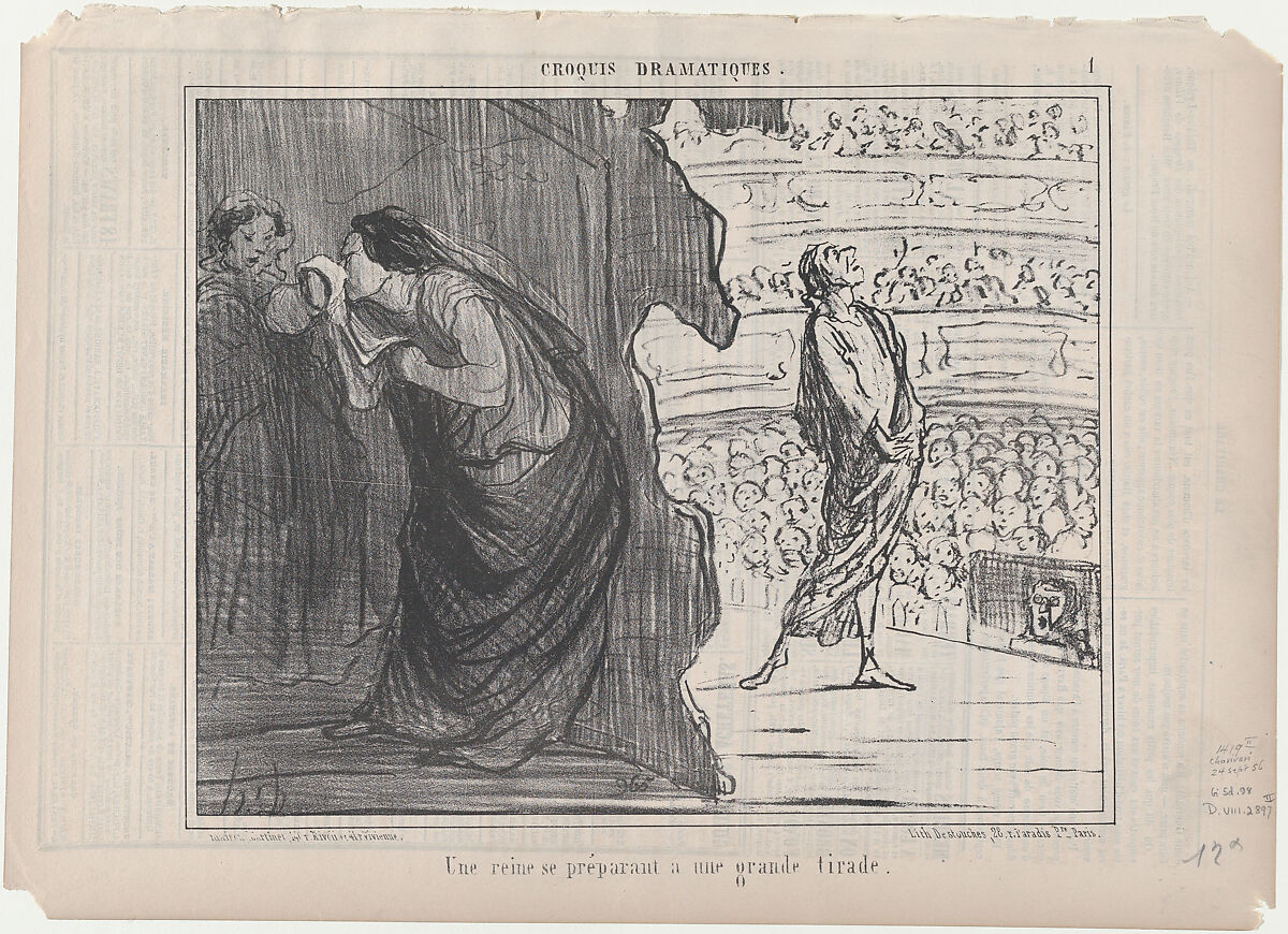 Une reine se préparant a une grande tirade, from Croquis Dramatiques, published in Le Charivari, September 24, 1856, Honoré Daumier (French, Marseilles 1808–1879 Valmondois), Lithograph; second state of two (Delteil) 