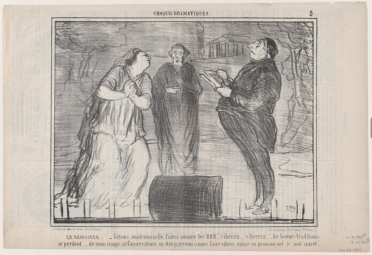 Le Régisseur. –Voyons mademoiselle, faites sonner..., from Croquis Dramatiques, published in Le Charivari, December 22, 1856, Honoré Daumier (French, Marseilles 1808–1879 Valmondois), Lithograph; second state of two (Delteil) 