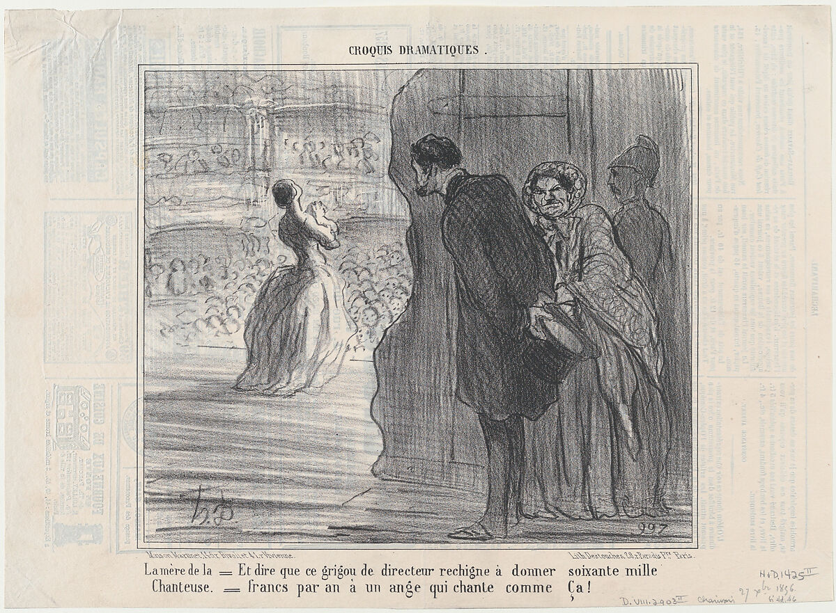 La mère de la chanteuse, from Croquis Dramatiques, published in Le Charivari, december 27, 1856, Honoré Daumier (French, Marseilles 1808–1879 Valmondois), Lithograph; second state of two (Delteil) 