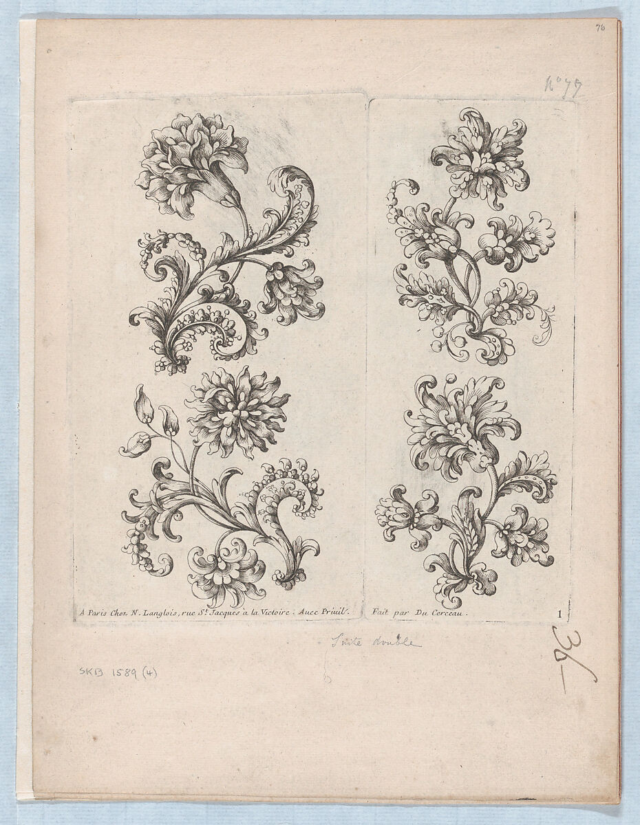 Series of Small Flower Motifs, Plate 1, Paul Androuet Ducerceau (French, 1623–1710), Etching [printed from 2 plates] 