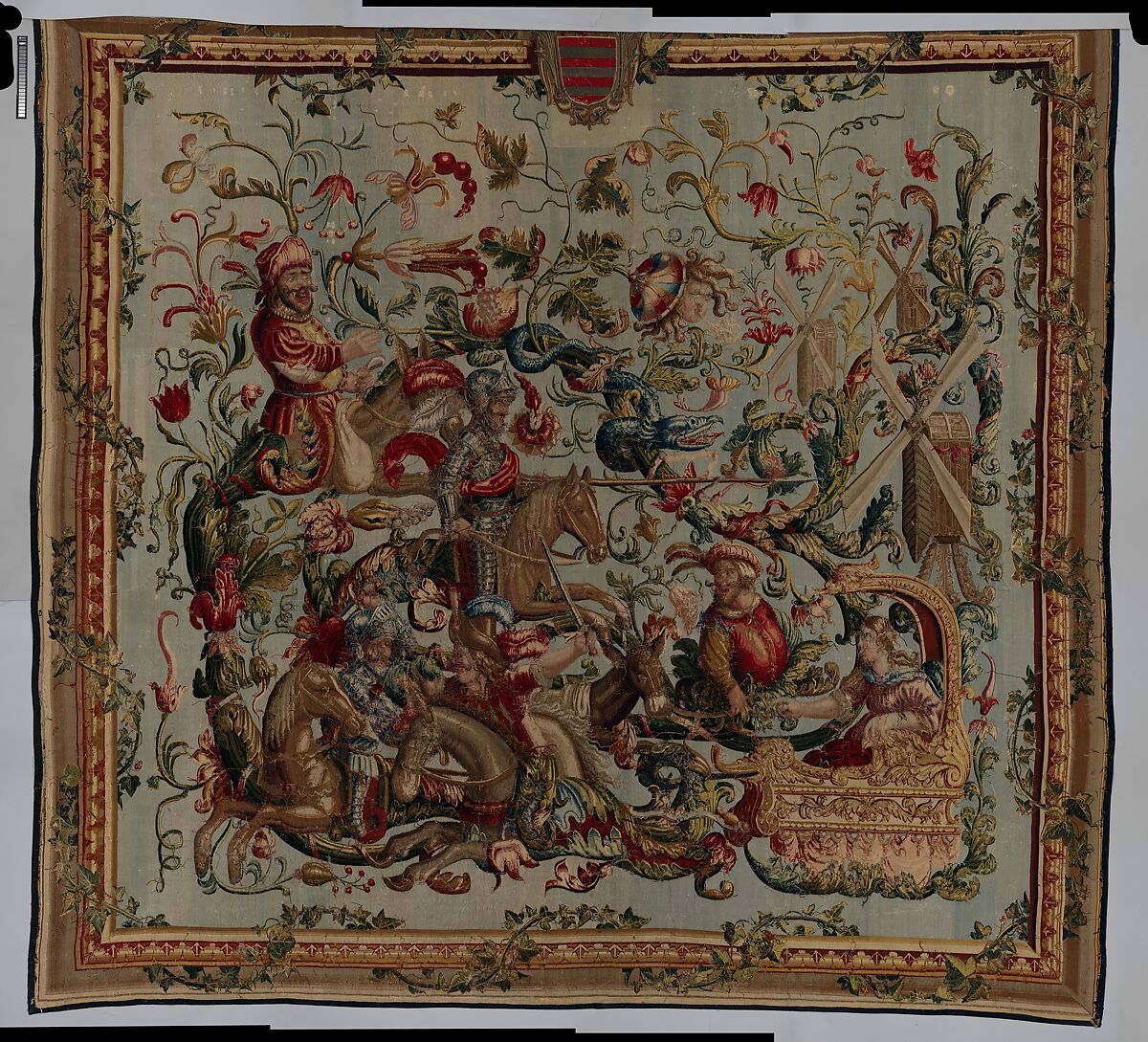 Don Quixote Tilting at Windmills, from “Don Quixote in Grotesques”, Unknown Designer, Wool, silk and precious metal-wrapped threads, British, London