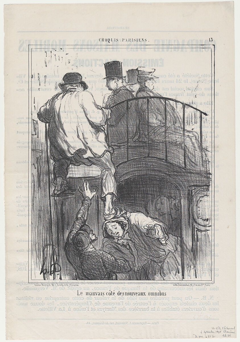 Le mauvais côté des nouveaux omnibus, from Croquis Parisiens, published in Le Charivari, September 4, 1856, Honoré Daumier (French, Marseilles 1808–1879 Valmondois), Lithograph; second state of two (Delteil) 