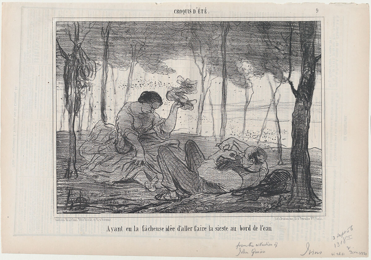 Ayant eu la facheuse idée d'aller...au bord de l'eau, from Croquis d'Été, published in Le Charivari, September 3, 1856, Honoré Daumier (French, Marseilles 1808–1879 Valmondois), Lithograph; second state of two (Delteil) 