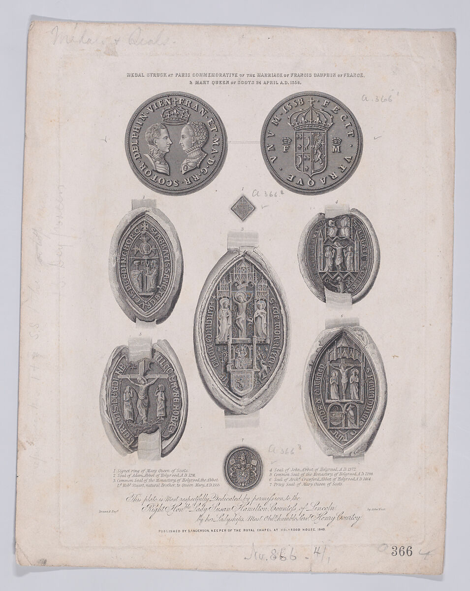 Medal commemorating the marriage of Mary, Queen of Scots to the Dauphin Francis of France, with seals and signet rings relating to Queen Mary below (from "A Souvenir of the Abbey and Palace of Holyrood"), John West (British, active 1847–55), Engraving 