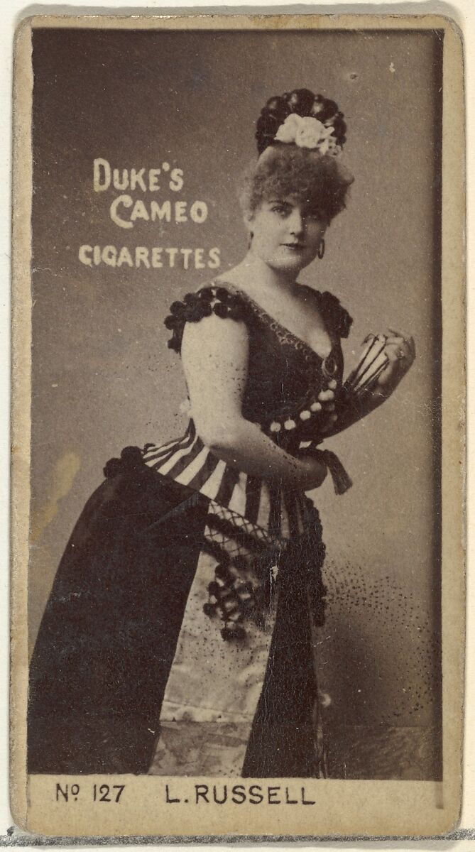 Card Number 127, Lillian Russell, from the Actors and Actresses series (N145-4) issued by Duke Sons & Co. to promote Cameo Cigarettes, Issued by W. Duke, Sons &amp; Co. (New York and Durham, N.C.), Albumen photograph 