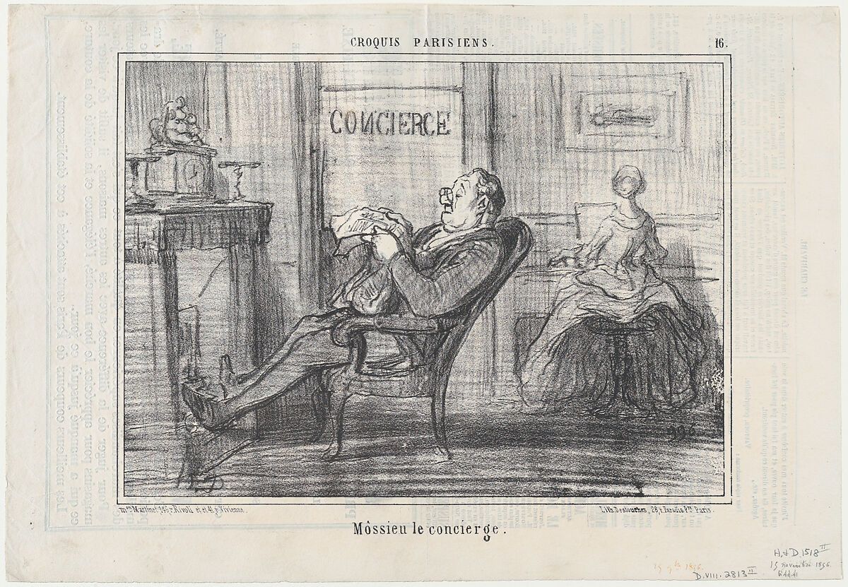 Môssieu le concierge, from Croquis Parisiens, published in Le Charivari, November 25, 1856, Honoré Daumier (French, Marseilles 1808–1879 Valmondois), Lithograph; second state of two (Delteil) 
