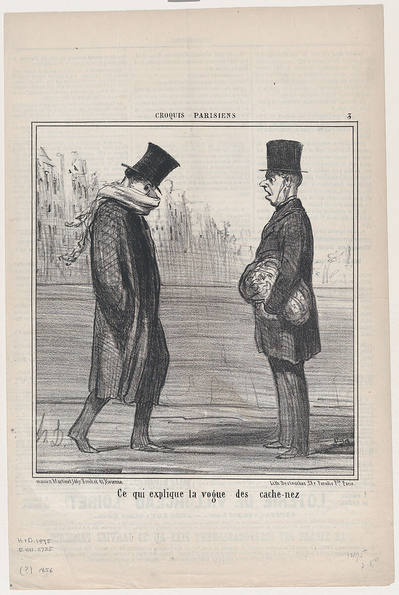 Ce qui explique la voue des cache-nez, from Croquis Parisiens, published in Le Charivari, January 11, 1856, Honoré Daumier (French, Marseilles 1808–1879 Valmondois), Lithograph; second state of two (Delteil) 