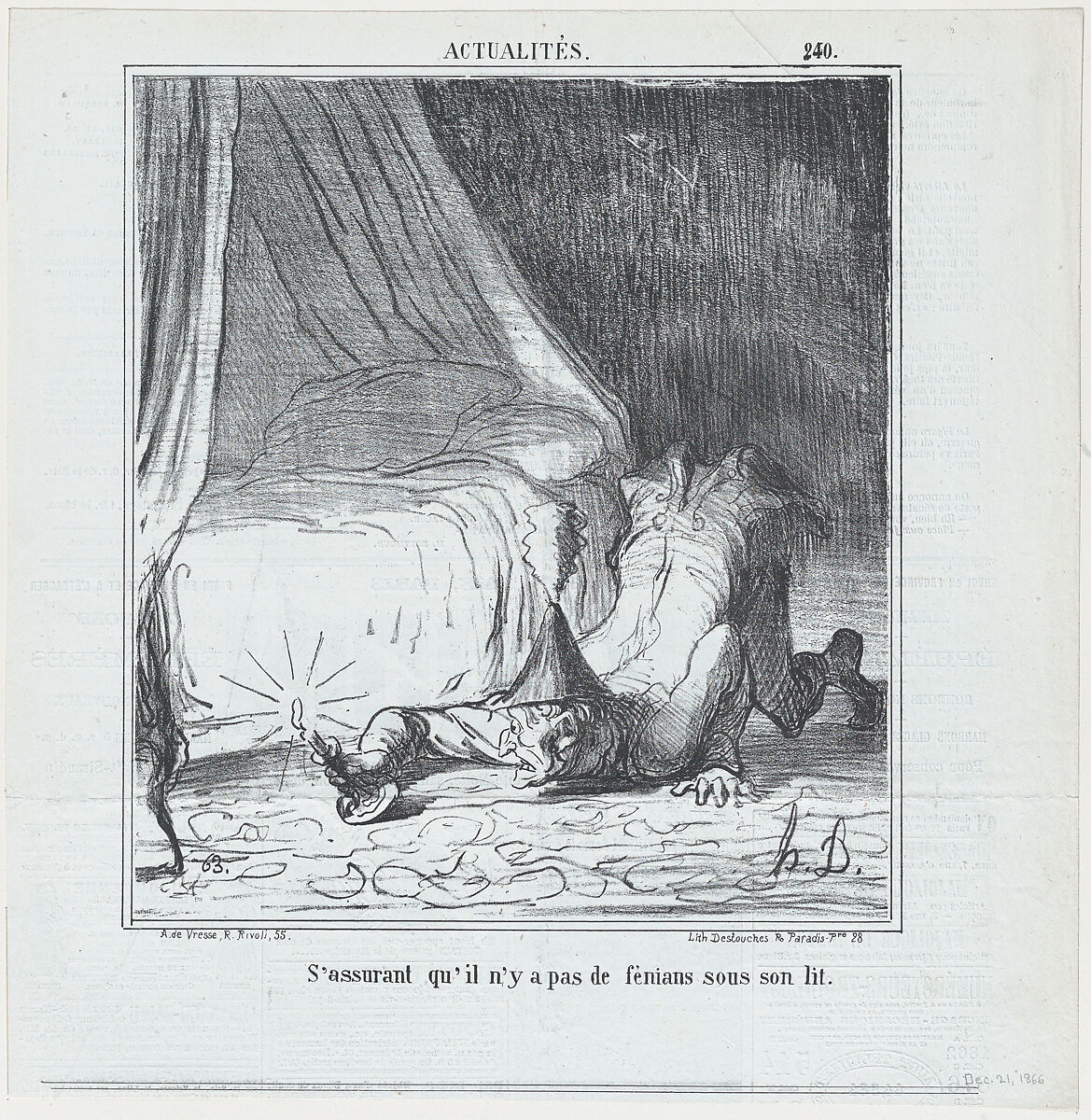 S'assurant qu'il n'y a pas de féniant sous son lit, from Actualités, published in Le Charivari, December 21, 1866, Honoré Daumier (French, Marseilles 1808–1879 Valmondois), Lithograph; second state of two (Delteil) 