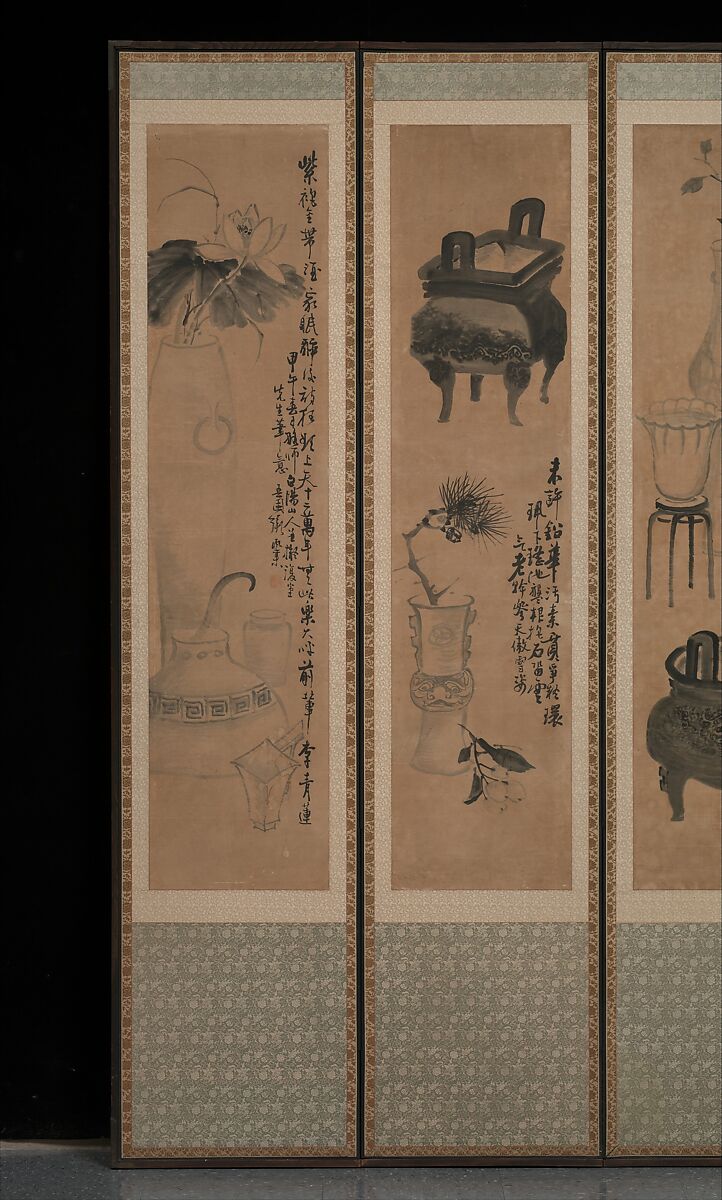 Still life with bronze vessels and flowering plants, Attributed to Jang Seung-eop (pen name: Owon) (Korean, 1843–1897), Ten-panel folding screen; ink on paper, Korea