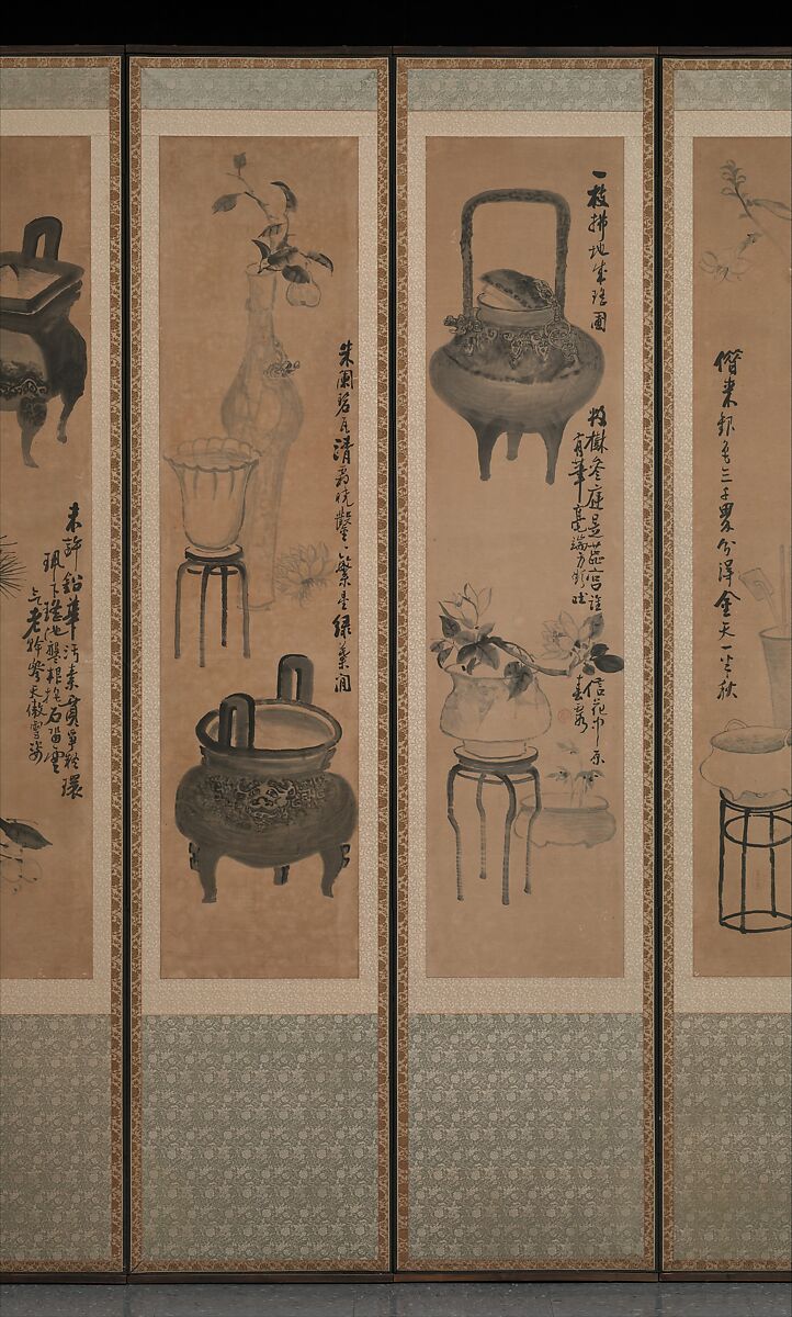 Still life with bronze vessels and flowering plants, Attributed to Jang Seung-eop (pen name: Owon) (Korean, 1843–1897), Ten-panel folding screen; ink on paper, Korea