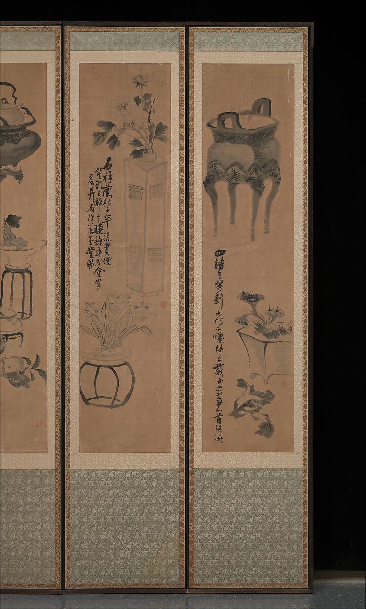 Still life with bronze vessels and flowering plants, Attributed to Jang Seung-eop (pen name: Owon) (Korean, 1843–1897), Ten-panel folding screen; ink on paper, Korea