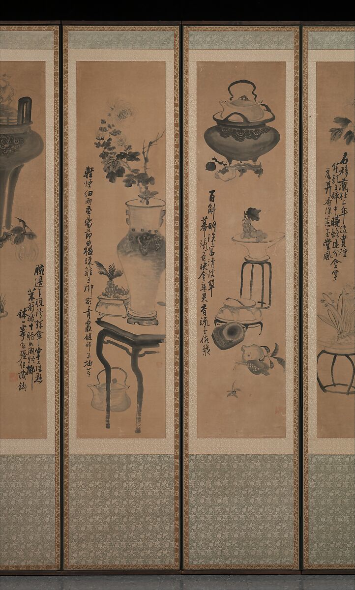 Still life with bronze vessels and flowering plants, Attributed to Jang Seung-eop (pen name: Owon) (Korean, 1843–1897), Ten-panel folding screen; ink on paper, Korea