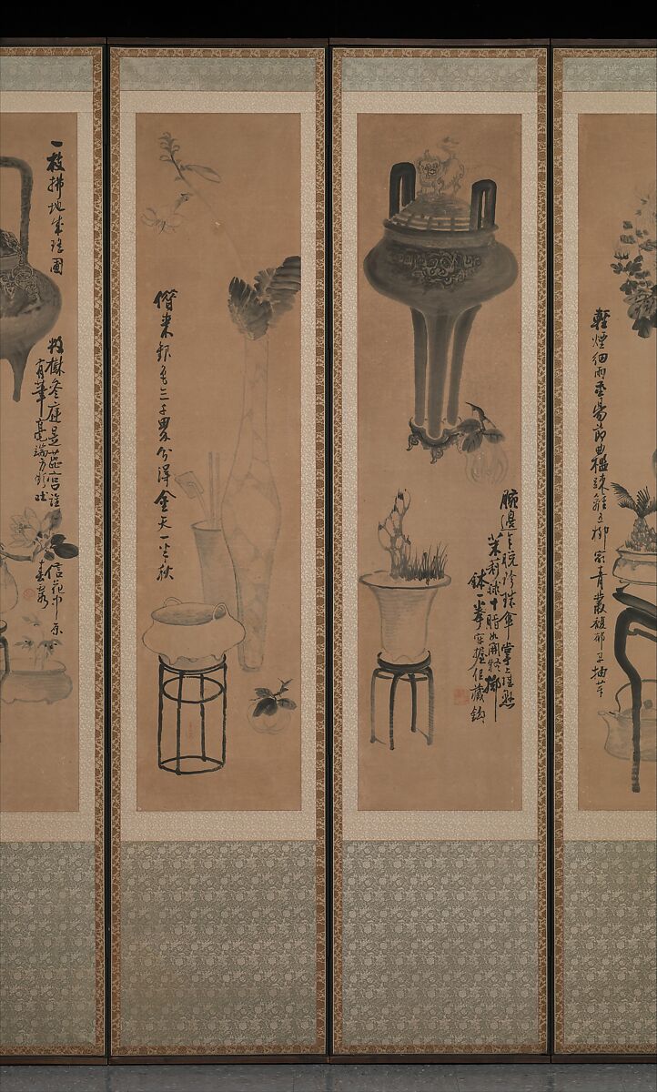 Still life with bronze vessels and flowering plants, Attributed to Jang Seung-eop (pen name: Owon) (Korean, 1843–1897), Ten-panel folding screen; ink on paper, Korea