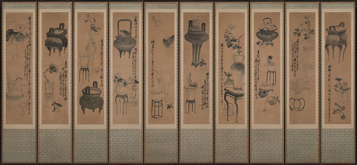 Still life with bronze vessels and flowering plants, Attributed to Jang Seung-eop (pen name: Owon) (Korean, 1843–1897), Ten-panel folding screen; ink on paper, Korea 