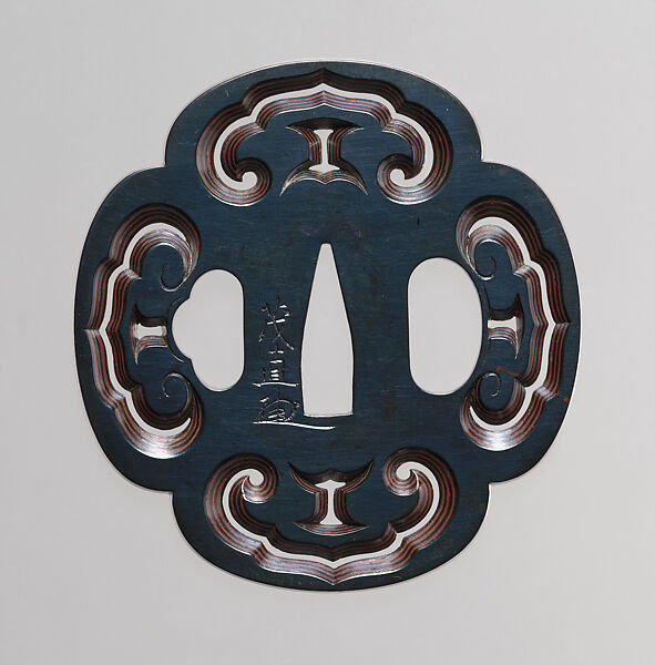 Sword Guard (<i>Tsuba</i>) with Letter by Maker, 黒川兼四郎茂直作 Kurokawa Kenshirō Shigenao (Japanese, 1822–1853), Copper-gold alloy (<i>shakudō</i>), copper, Japanese