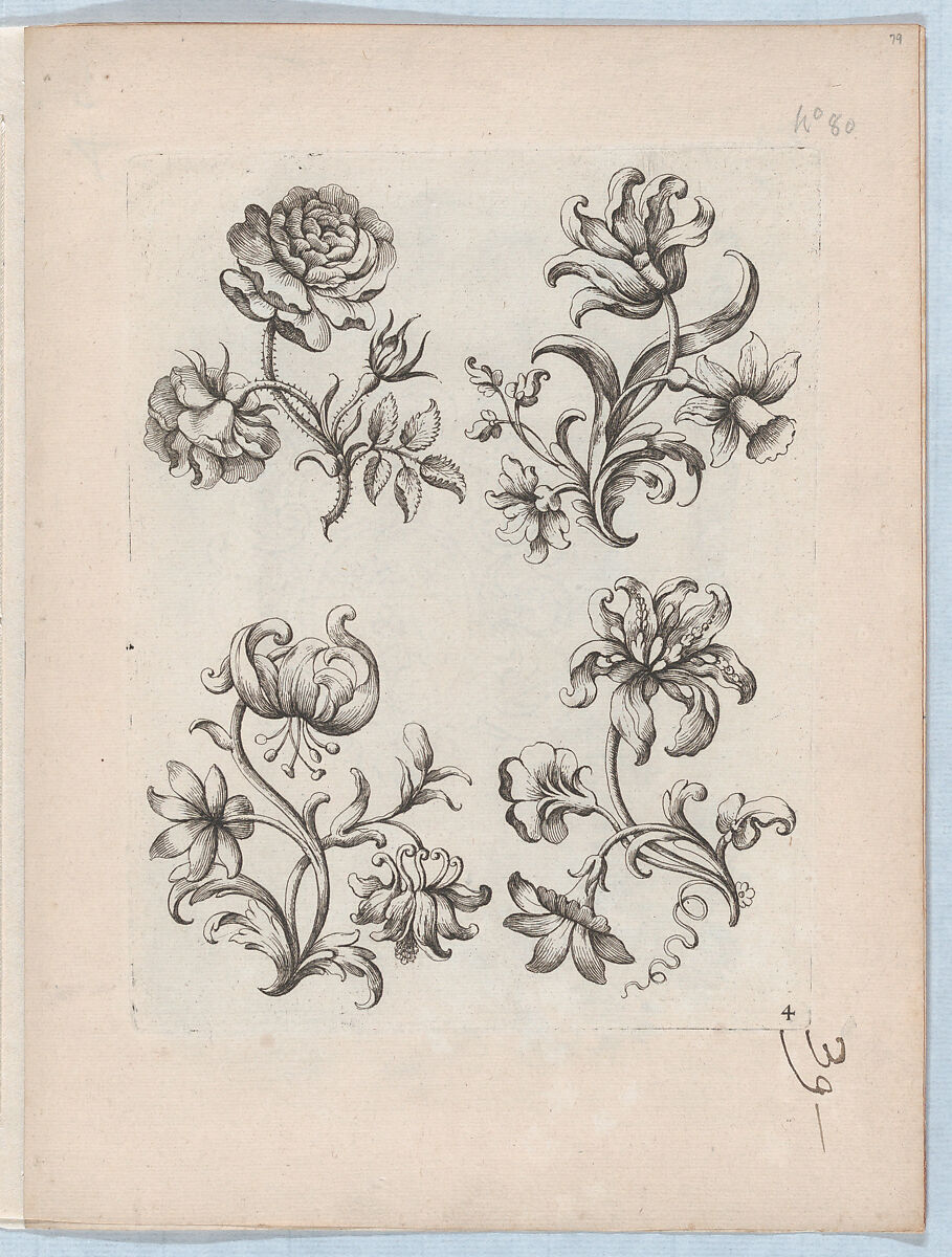 Series of Small Flower Motifs, Plate 4, Paul Androuet Ducerceau (French, 1623–1710), Etching 