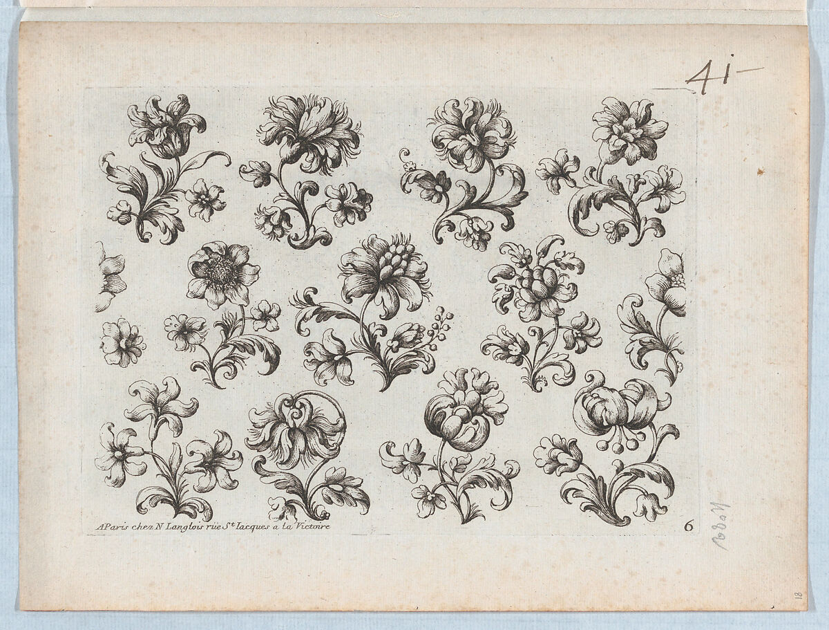 Series of Small Flower Motifs, Plate 6, Paul Androuet Ducerceau (French, 1623–1710), Etching 