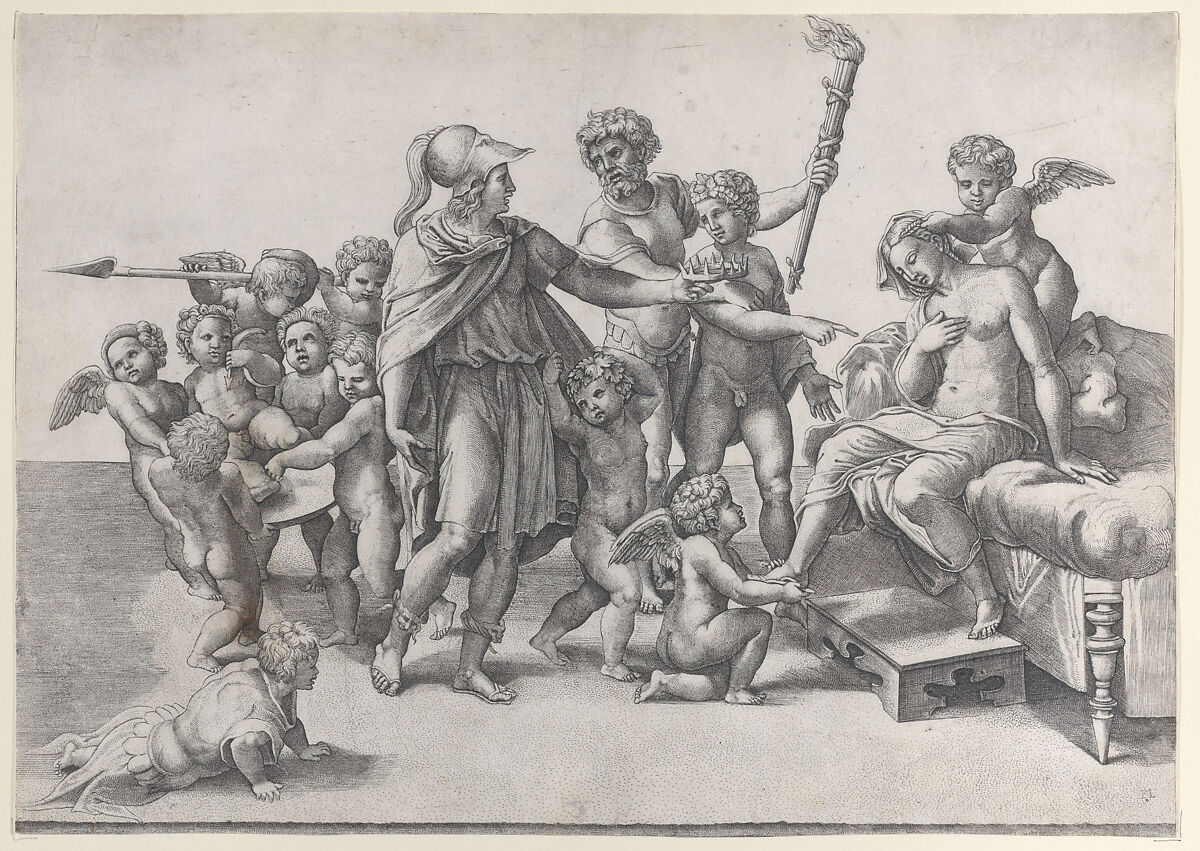 The marriage of Alexander and Roxana; Alexander surrounded by putti, offering a crown to Roxana who is seated at right, Giovanni Jacopo Caraglio (Italian, Parma or Verona ca. 1500/1505–1565 Krakow (?)), Engraving 