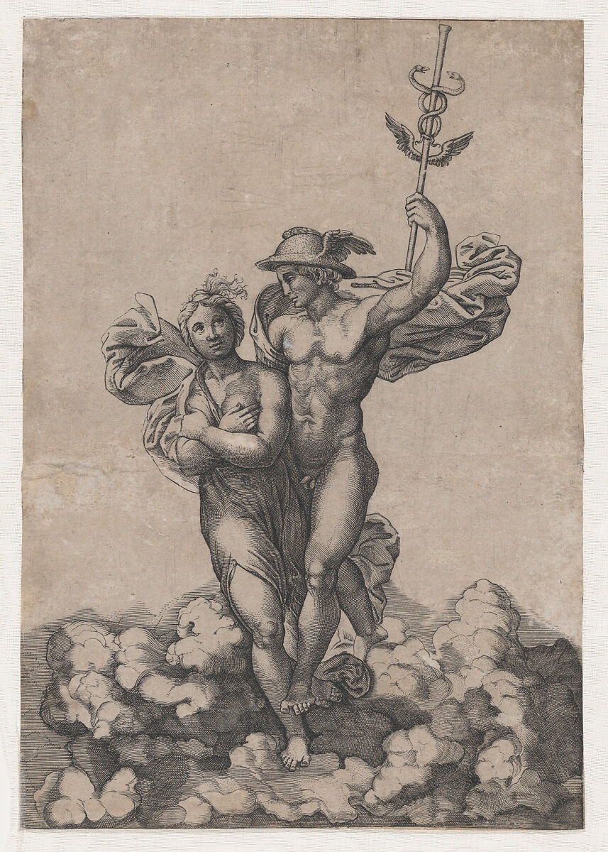 Mercury carrying Psyche to Olympus, after Raphael's composition in the Villa Farnesina, Rome, Giovanni Jacopo Caraglio (Italian, Parma or Verona ca. 1500/1505–1565 Krakow (?)), Engraving 