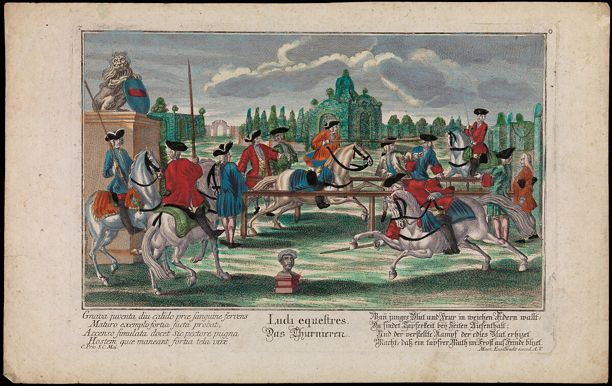 Ludi equestres. Das Thurnieren (The Tournament), Martin Engelbrecht (German, Augsburg 1684–1756 Augsburg), Paper, ink, polychromy, German 