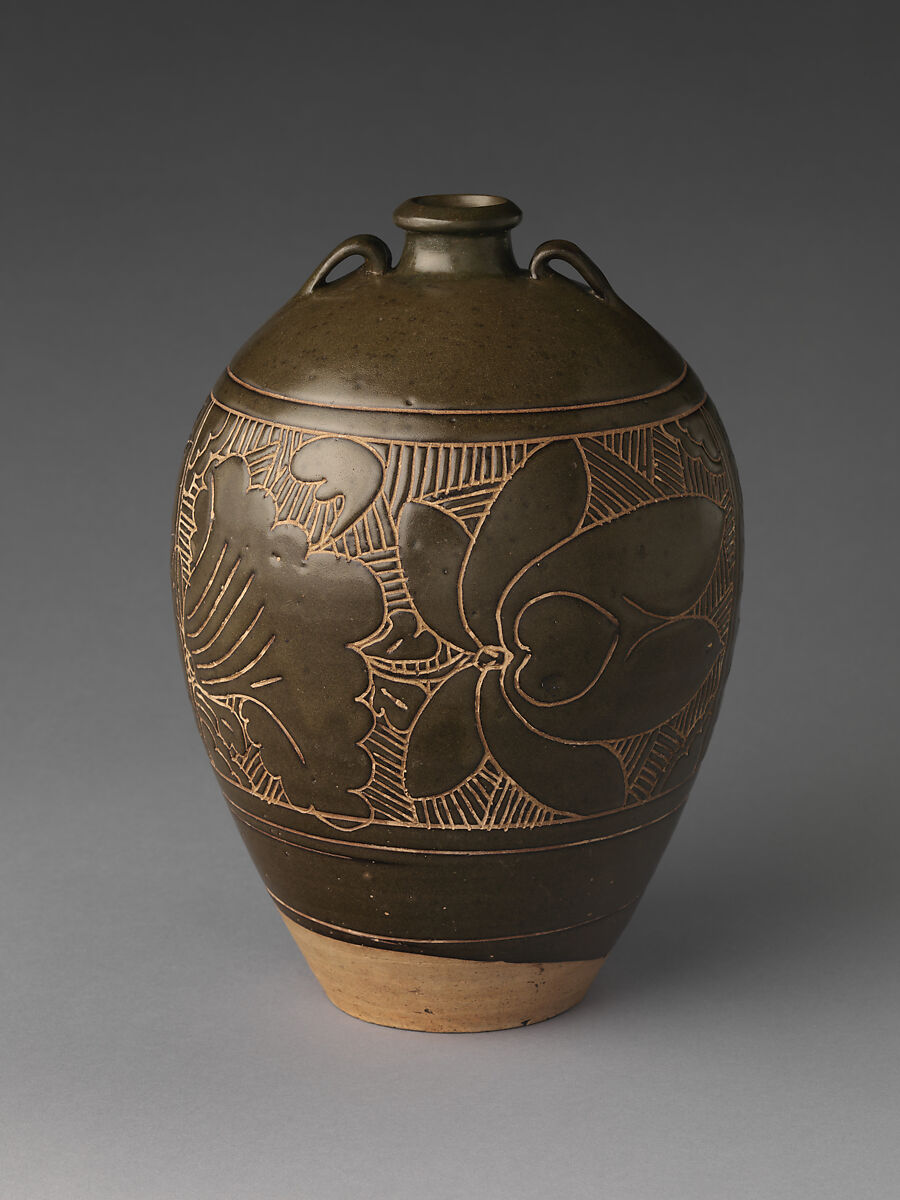 Wine bottle with lotuses and admonition, Stoneware with cut-glaze decoration (Cizhou ware), China 