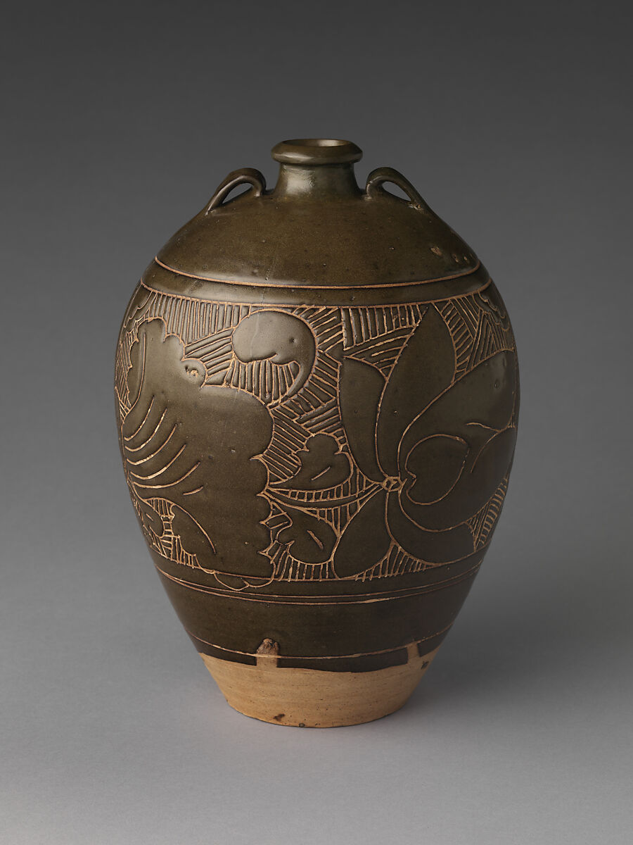 Wine bottle with lotuses and admonition, Stoneware with cut-glaze decoration (Cizhou ware), China