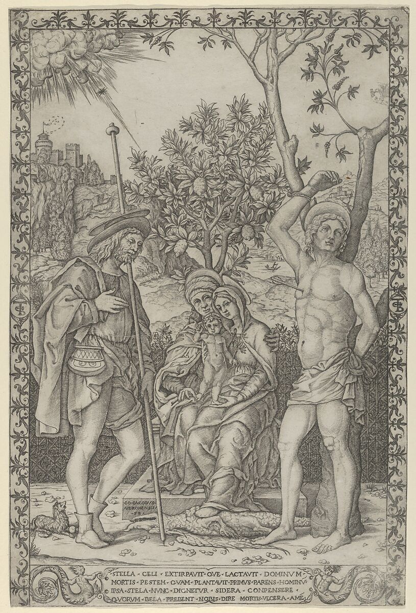 The Virgin and Child on the lap of St. Anne, with St. Roch and St. Sebastian, Giovanni Jacopo Caraglio (Italian, Parma or Verona ca. 1500/1505–1565 Krakow (?)), Engraving 