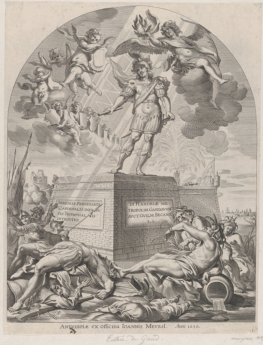 Plate 1: Ferdinand as Mars, standing on a pedestal; from Guillielmus Becanus's 'Serenissimi Principis Ferdinandi, Hispaniarum Infantis...', Pieter de Jode II (Flemish, 1606–ca. 1674), Engraving 