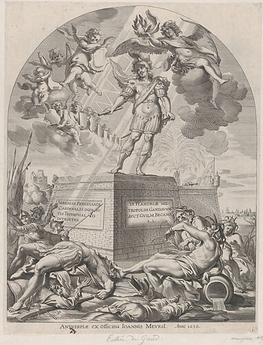 Plate 1: Ferdinand as Mars, standing on a pedestal; from Guillielmus Becanus's 'Serenissimi Principis Ferdinandi, Hispaniarum Infantis...'