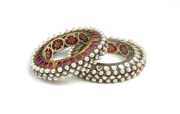 Pair of Bangles (kada), Gold, set with rubies, diamonds, and pearls; enamel on interior; lac core 